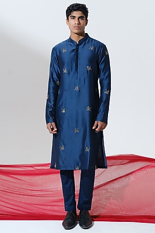 Navy Blue Chanderi Hand Embroidered Kurta Set by HOUSE OF KOA