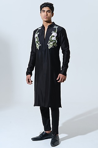 Black Chanderi Machine Embroidered Kurta Set by HOUSE OF KOA