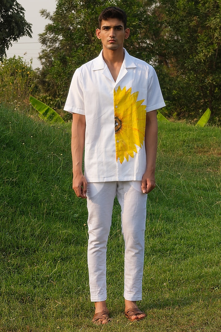 Off-White Cotton Floral Hand Painted Shirt by HOUSE OF KOA