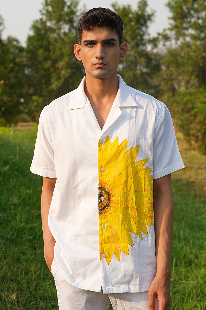 Off-White Cotton Floral Hand Painted Party Wear Shirt by HOUSE OF KOA at Pernia's Pop Up Shop