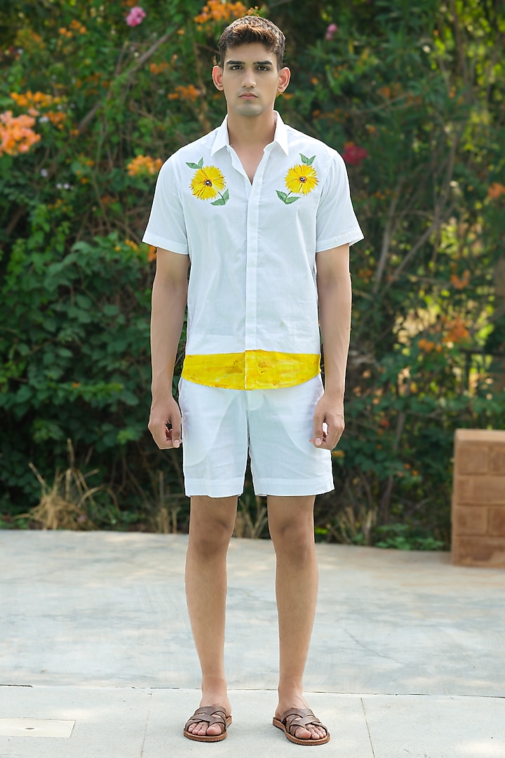 Off-White Cotton Floral Hand Painted Shirt by HOUSE OF KOA