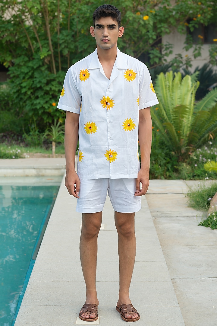 Off-White Cotton Floral Hand Painted Shirt by HOUSE OF KOA