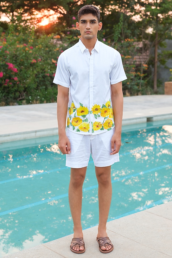 Off-White Cotton Floral Hand Painted Shirt by HOUSE OF KOA