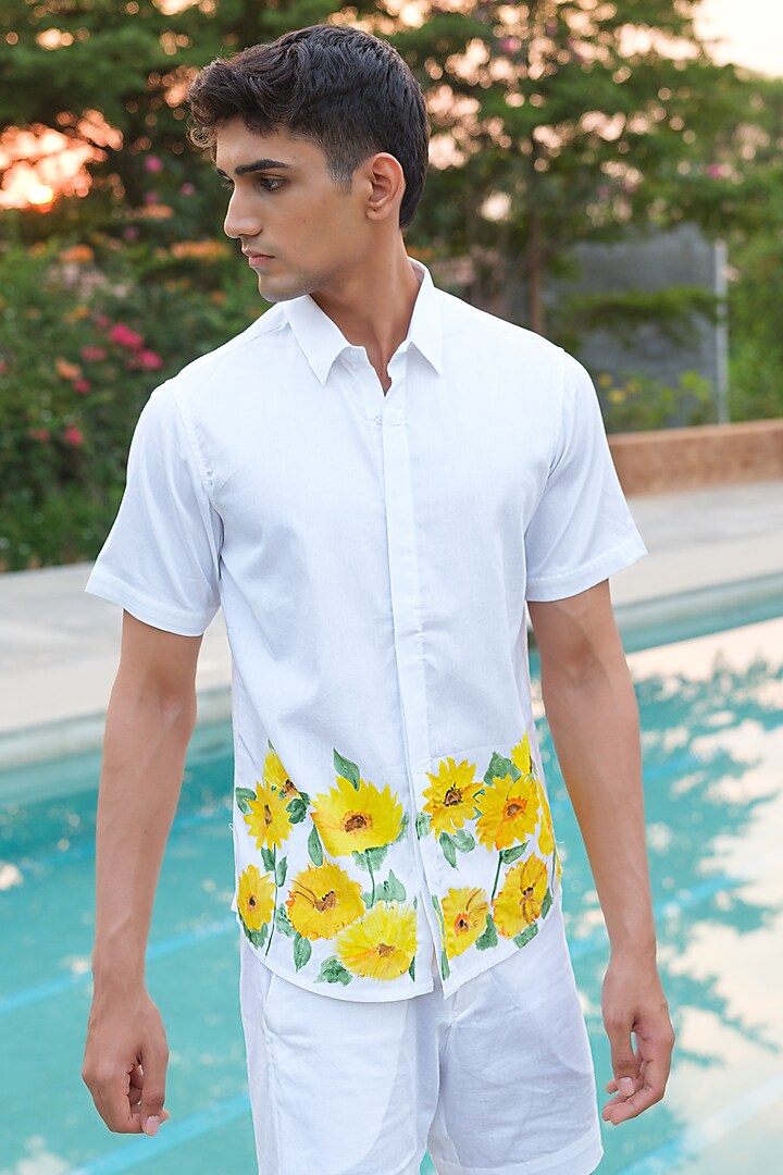 Off-White Cotton Floral Hand Painted Party Wear Shirt by HOUSE OF KOA at Pernia's Pop Up Shop