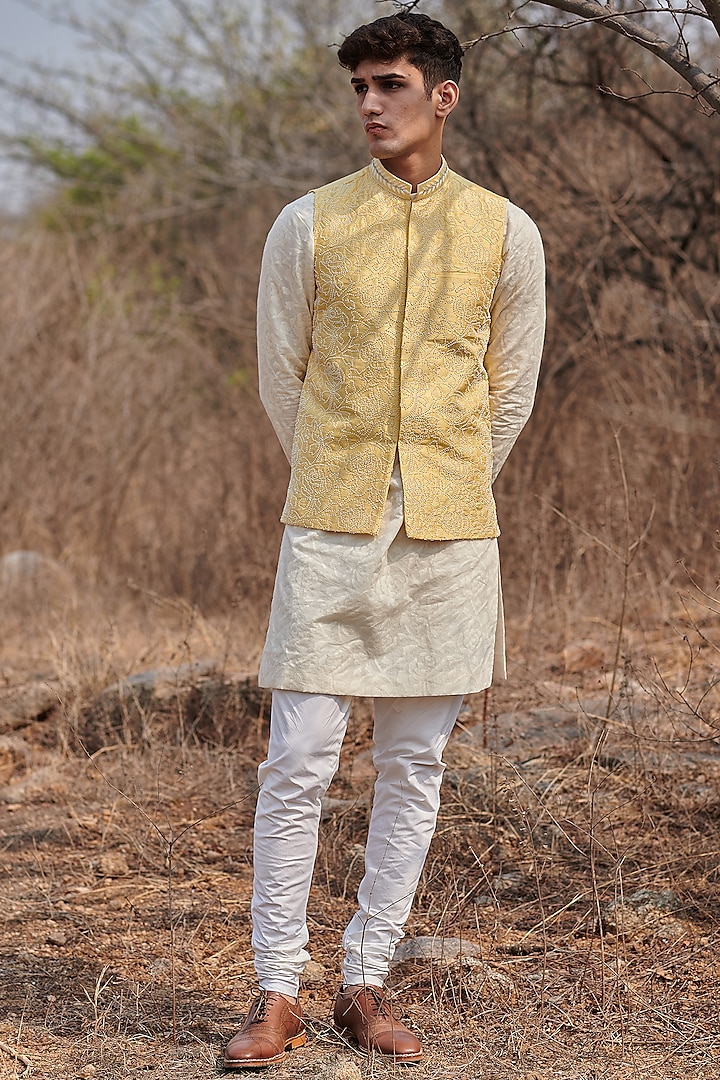 Dandelion Yellow Embroidered Nehru Jacket With Kurta Set by HOUSE OF KOA
