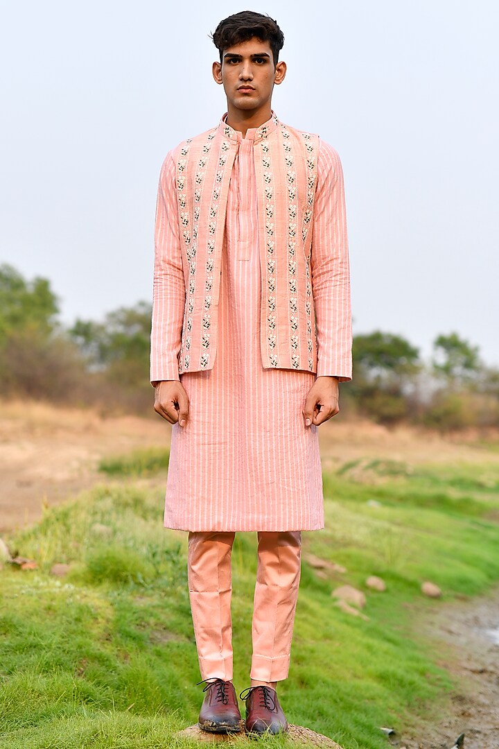 Baby Pink Cotton Kurta Set With Nehru Jacket by HOUSE OF KOA