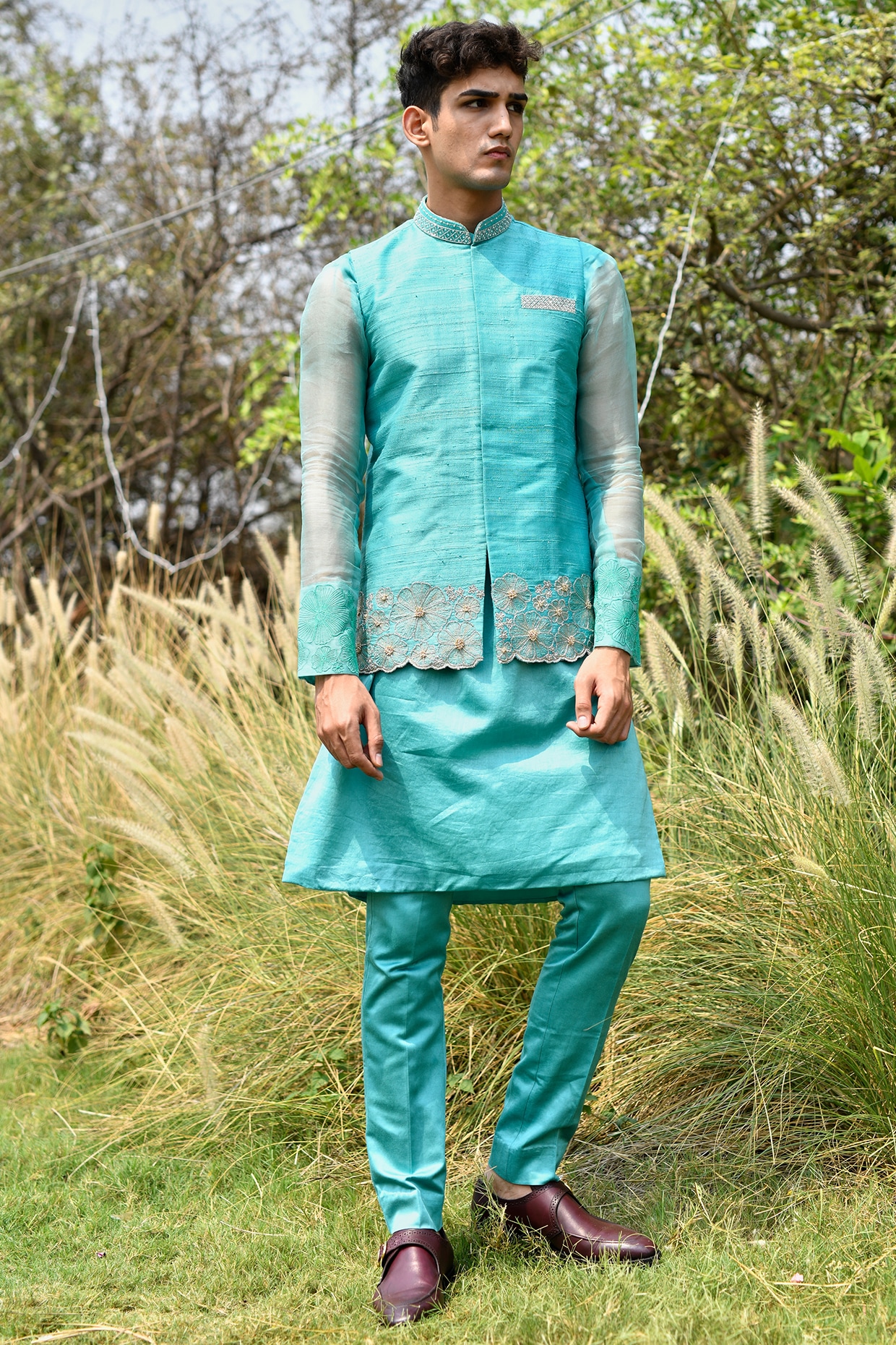 Woven Art Silk Jacquard Nehru Jacket in Green : MHG2774