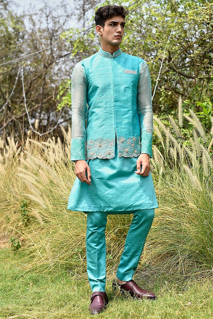 Teal Green Kurta Set With Embroidered Nehru Jacket by HOUSE OF KOA