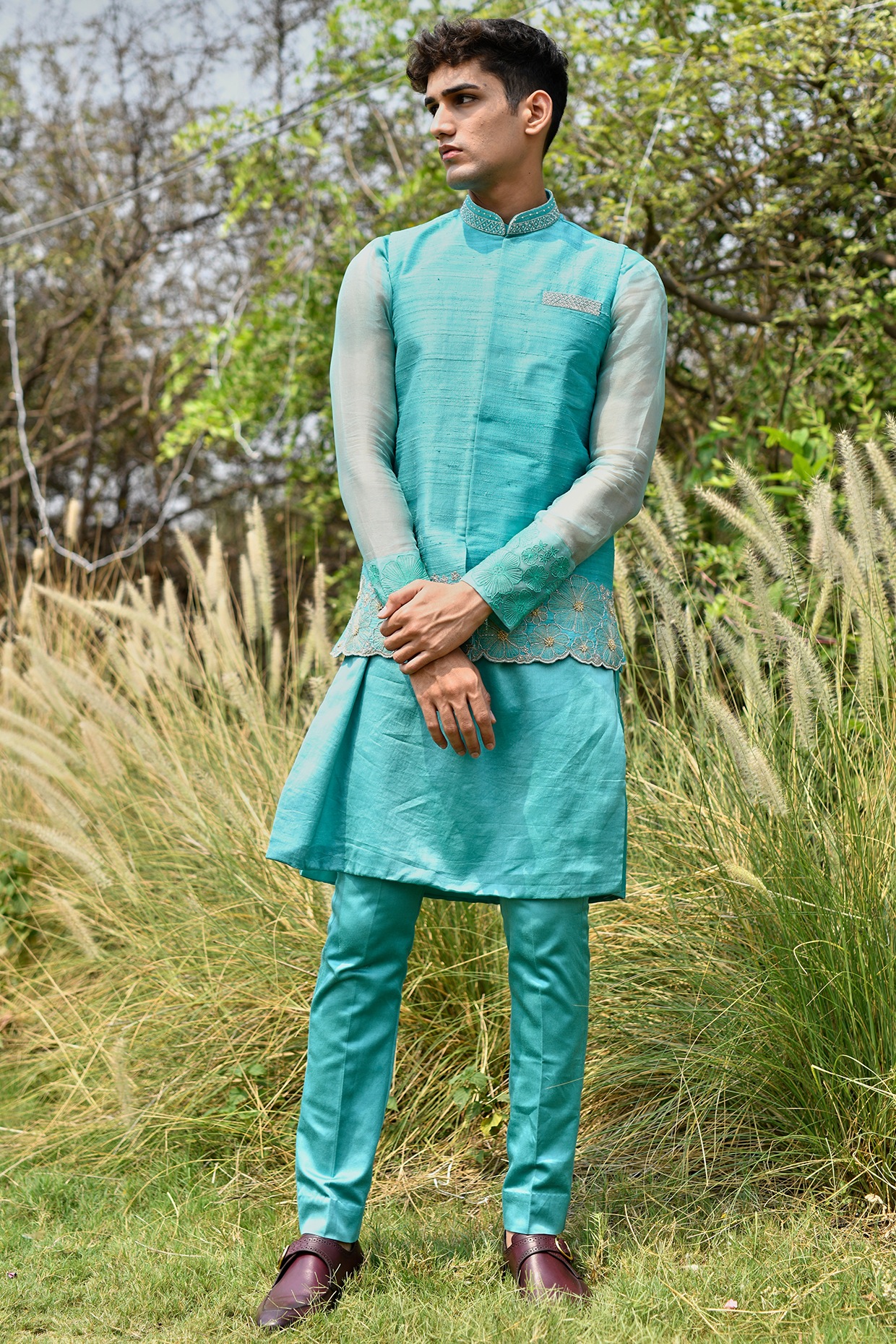 Buy Blue and Multi Colour Art Banarasi Silk Kurta Payjama with Jacket  Online -