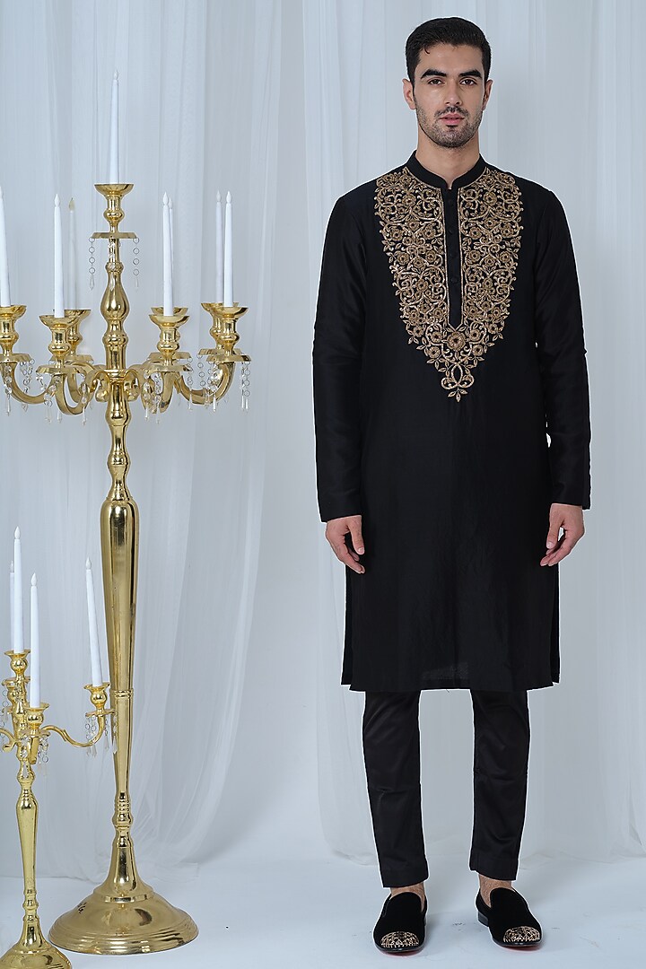 Black Chanderi Zardosi Embroidered Kurta Set by HOUSE OF KOA at Pernia's Pop Up Shop