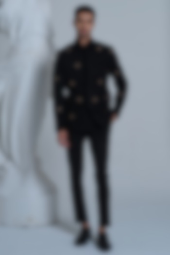 Black Suede Zardosi Embroidered Wedding Bandhgala Set by HOUSE OF KOA at Pernia's Pop Up Shop