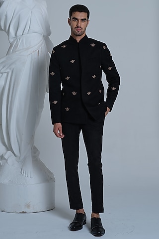 Black Suede Zardosi Embroidered Bandhgala Set by HOUSE OF KOA