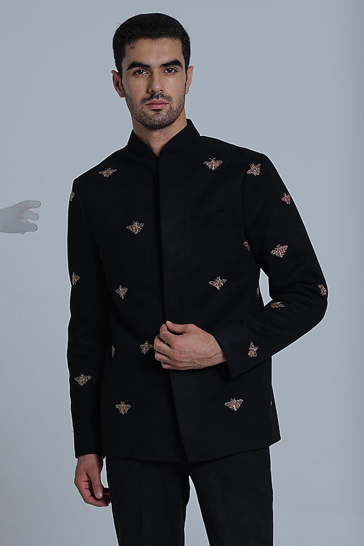 Black Suede Zardosi Embroidered Wedding Bandhgala Set by HOUSE OF KOA at Pernia's Pop Up Shop