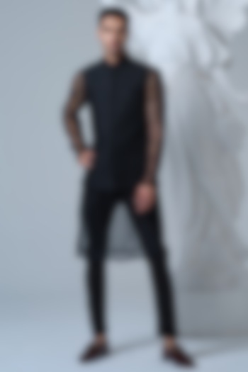 Black Raw Silk Hand-Quilted Nehru Jacket Set by HOUSE OF KOA at Pernia's Pop Up Shop