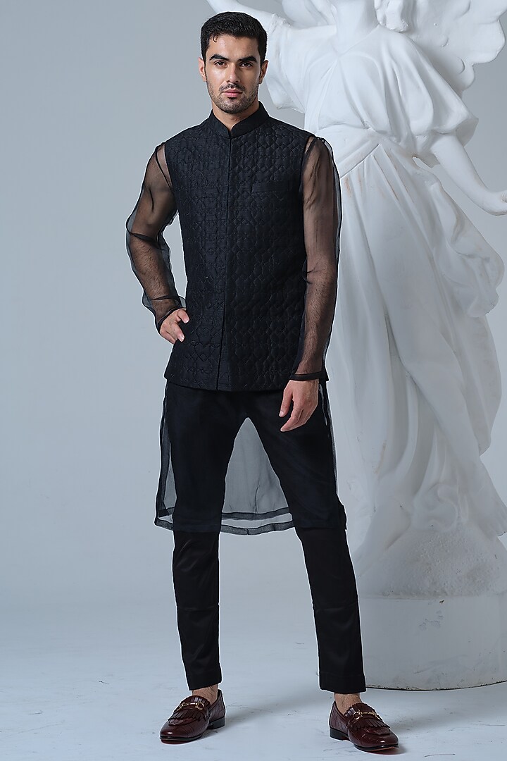 Black Raw Silk Hand-Quilted Nehru Jacket Set by HOUSE OF KOA at Pernia's Pop Up Shop