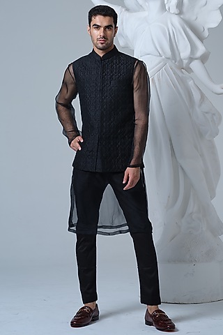Black Raw Silk Hand-Quilted Nehru Jacket Set by HOUSE OF KOA