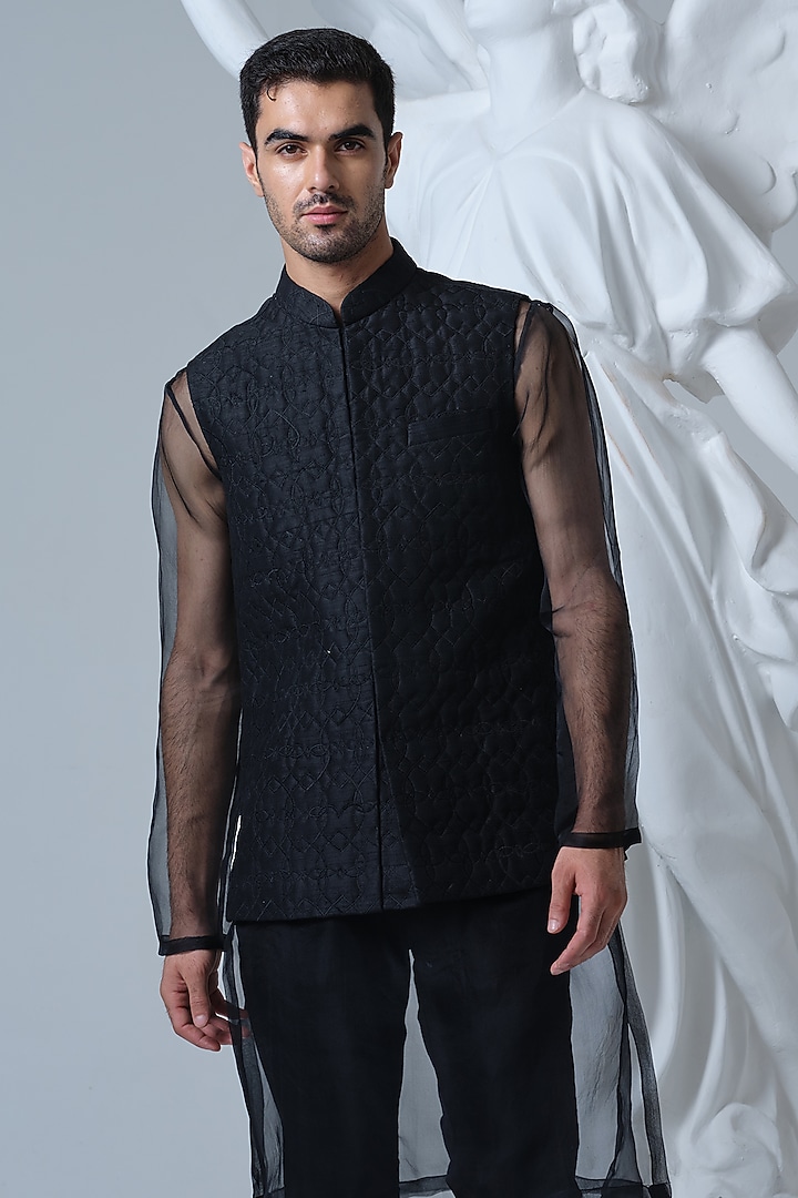 Black Raw Silk Hand-Quilted Nehru Jacket Set by HOUSE OF KOA at Pernia's Pop Up Shop