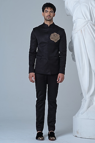 Black Satin Aari Embroidered Jodhpuri Set by HOUSE OF KOA