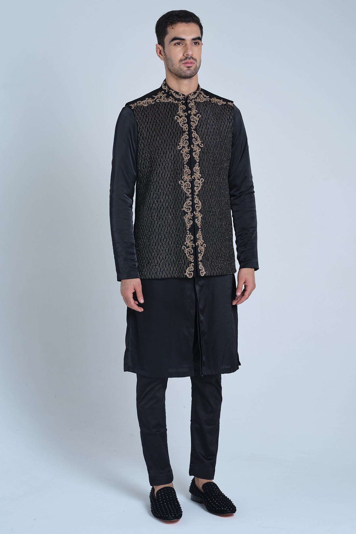 HOUSE OF KOA Black Raw Silk Hand Embroidered Nehru Jacket Set