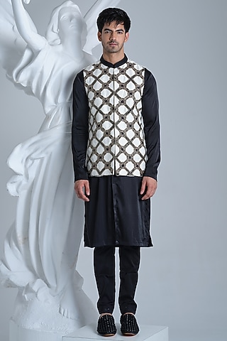 Black & White Raw Silk Applique Hand Embroidered Nehru Jacket Set by HOUSE OF KOA