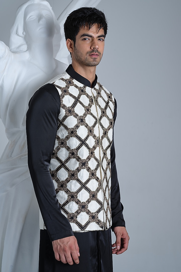 Black Applique Embroidered Nehru Jacket Set