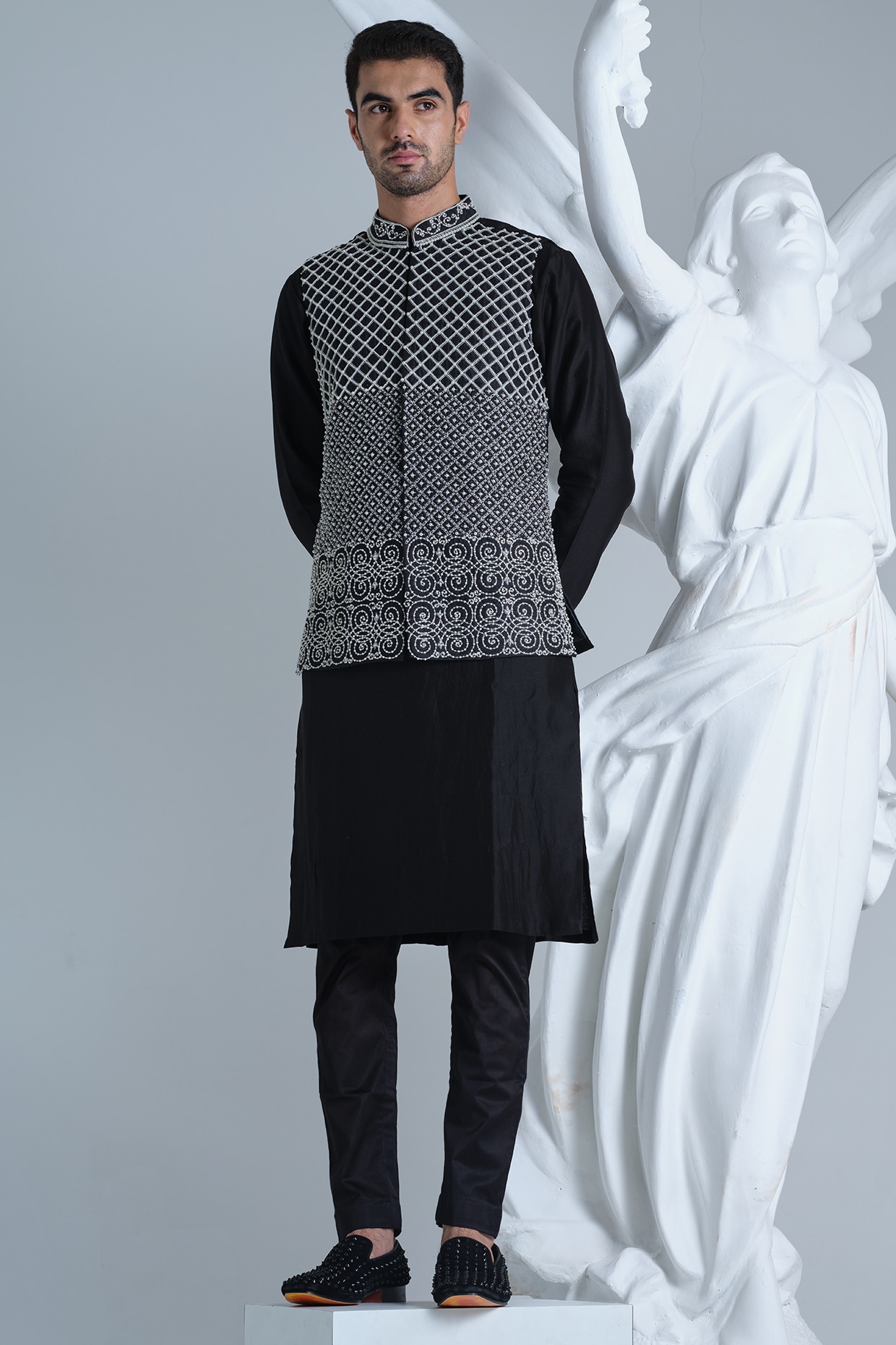 HOUSE OF KOA Black Raw Silk Hand Embroidered Nehru Jacket Set