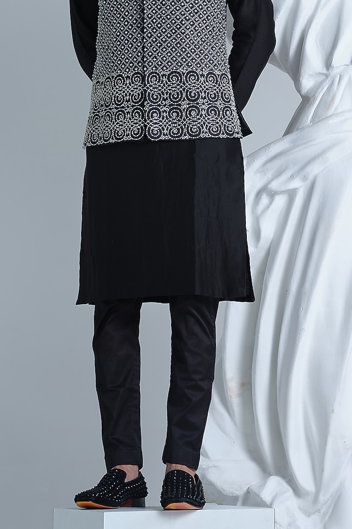 Black Raw Silk Hand Embroidered Nehru Jacket Set by HOUSE OF KOA at Pernia's Pop Up Shop