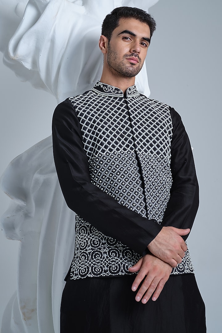 Black Raw Silk Hand Embroidered Nehru Jacket Set by HOUSE OF KOA at Pernia's Pop Up Shop