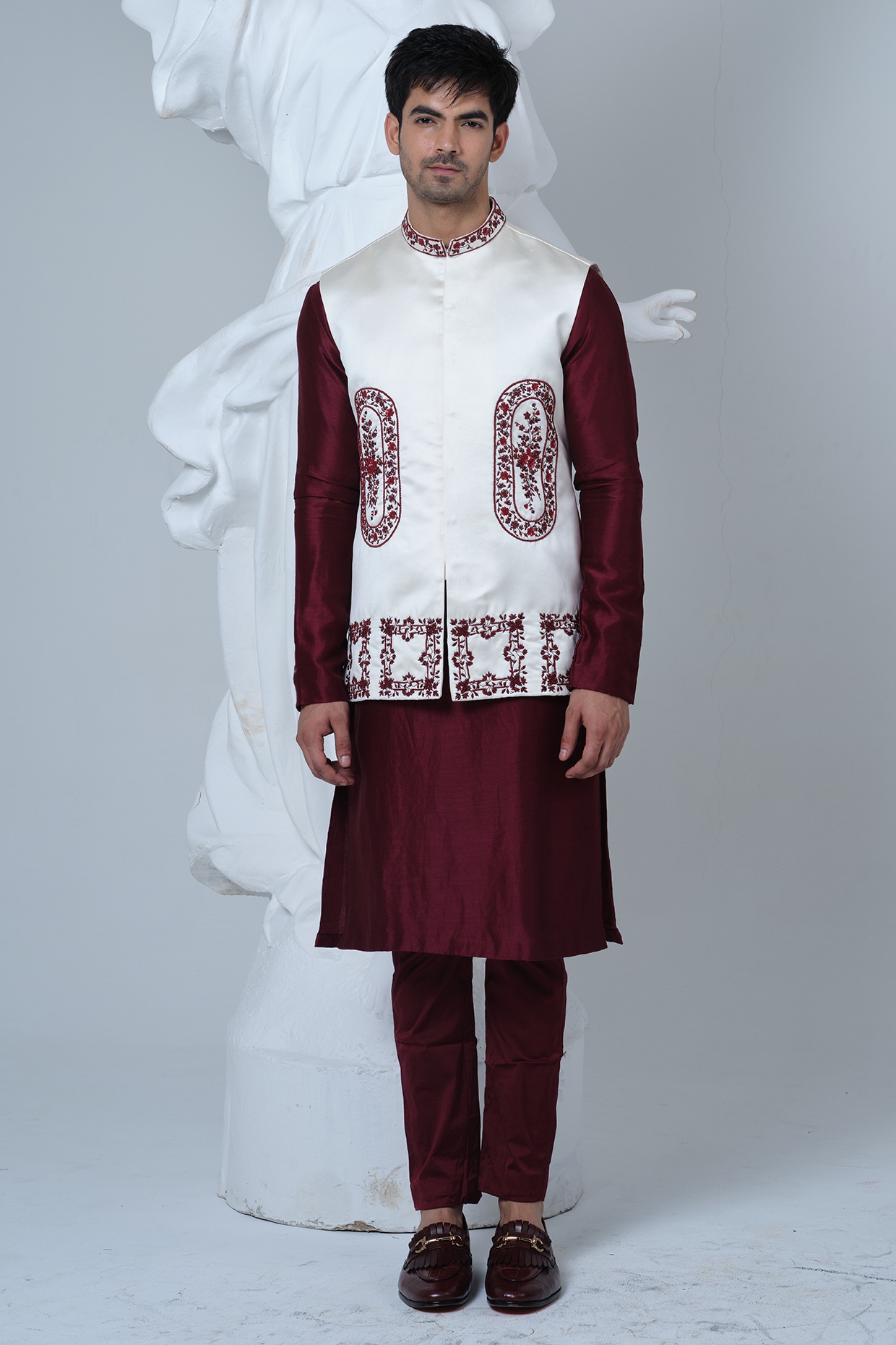 HOUSE OF KOA Off-White Satin Hand Embroidered Nehru Jacket Set