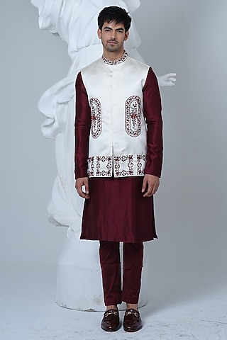Off-White Satin Hand Embroidered Nehru Jacket Set by HOUSE OF KOA