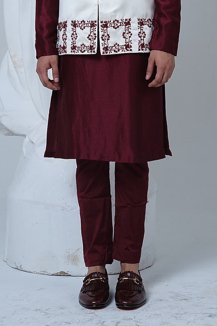 Off-White Satin Hand Embroidered Nehru Jacket Set by HOUSE OF KOA at Pernia's Pop Up Shop