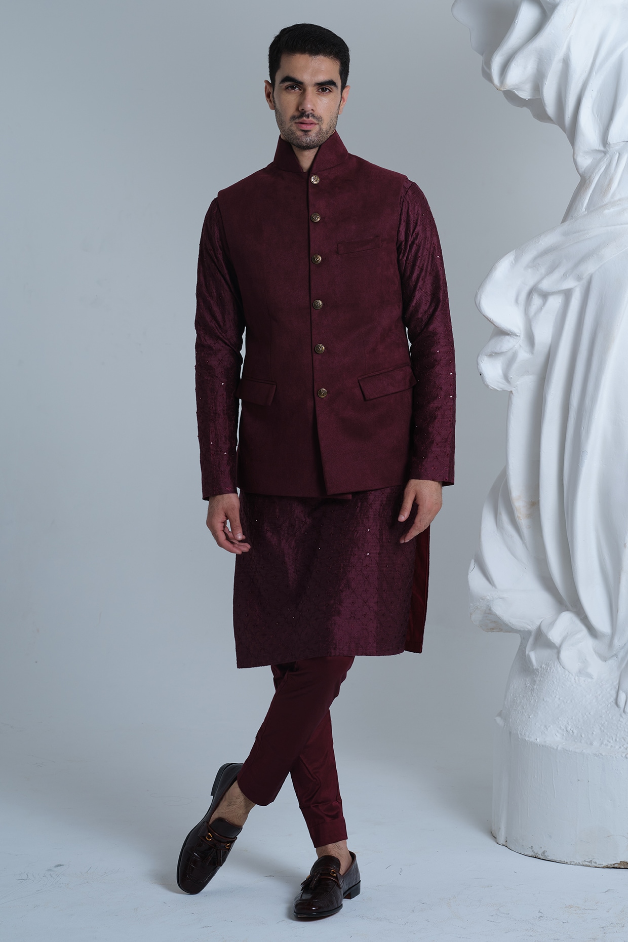 HOUSE OF KOA Maroon Suede Deconstructed Nehru Jacket Set
