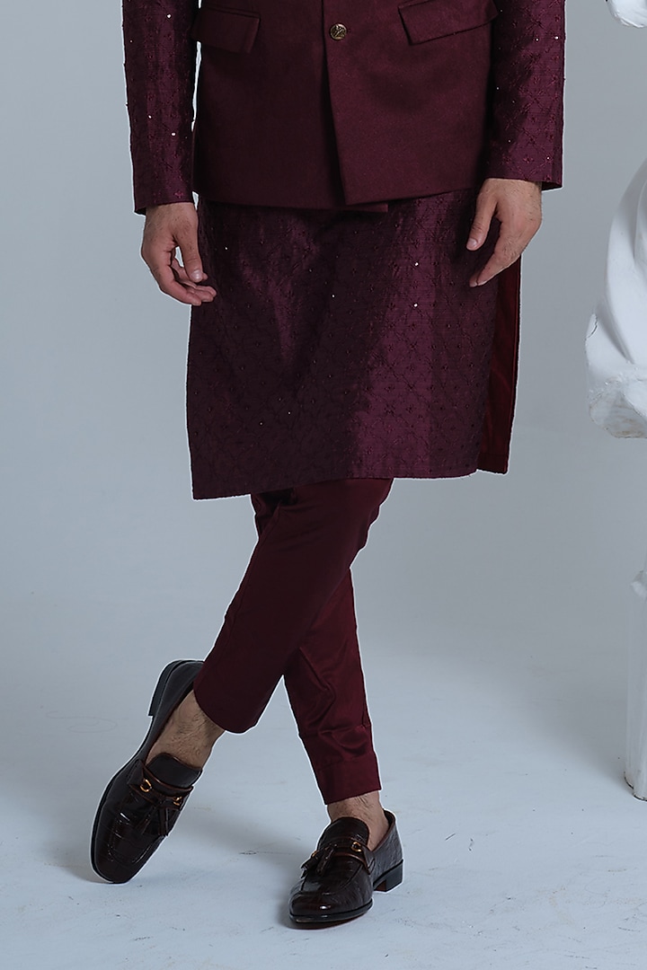 Maroon Suede Deconstructed Nehru Jacket Set by HOUSE OF KOA at Pernia's Pop Up Shop