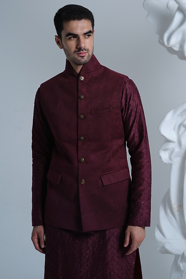 Maroon Suede Deconstructed Nehru Jacket Set by HOUSE OF KOA at Pernia's Pop Up Shop