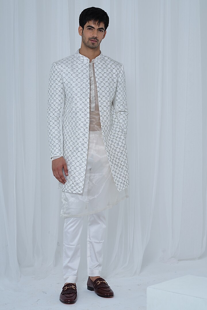 Off-White Twill Silk Hand Embroidered Groom Indowestern Jacket Set by HOUSE OF KOA at Pernia's Pop Up Shop