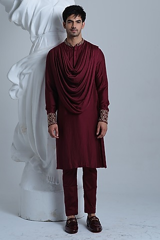 Maroon Rayon Satin Embroidered Cowl Kurta Set by HOUSE OF KOA