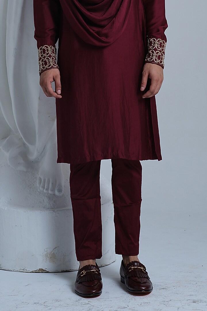 Maroon Rayon Satin Embroidered Cowl Kurta Set by HOUSE OF KOA at Pernia's Pop Up Shop