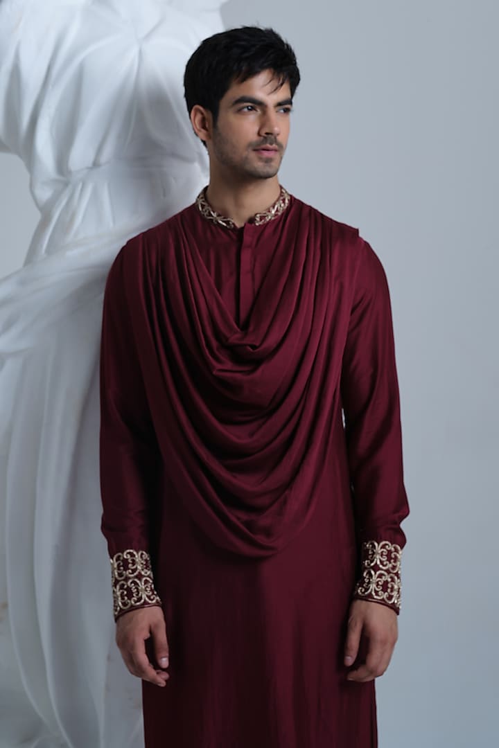 Maroon Rayon Satin Embroidered Cowl Kurta Set by HOUSE OF KOA at Pernia's Pop Up Shop