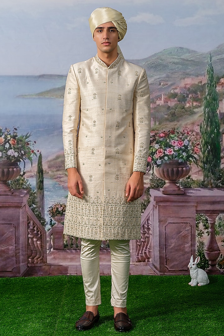 Beige Raw Silk Hand Embroidered Sherwani Set by HOUSE OF KOA