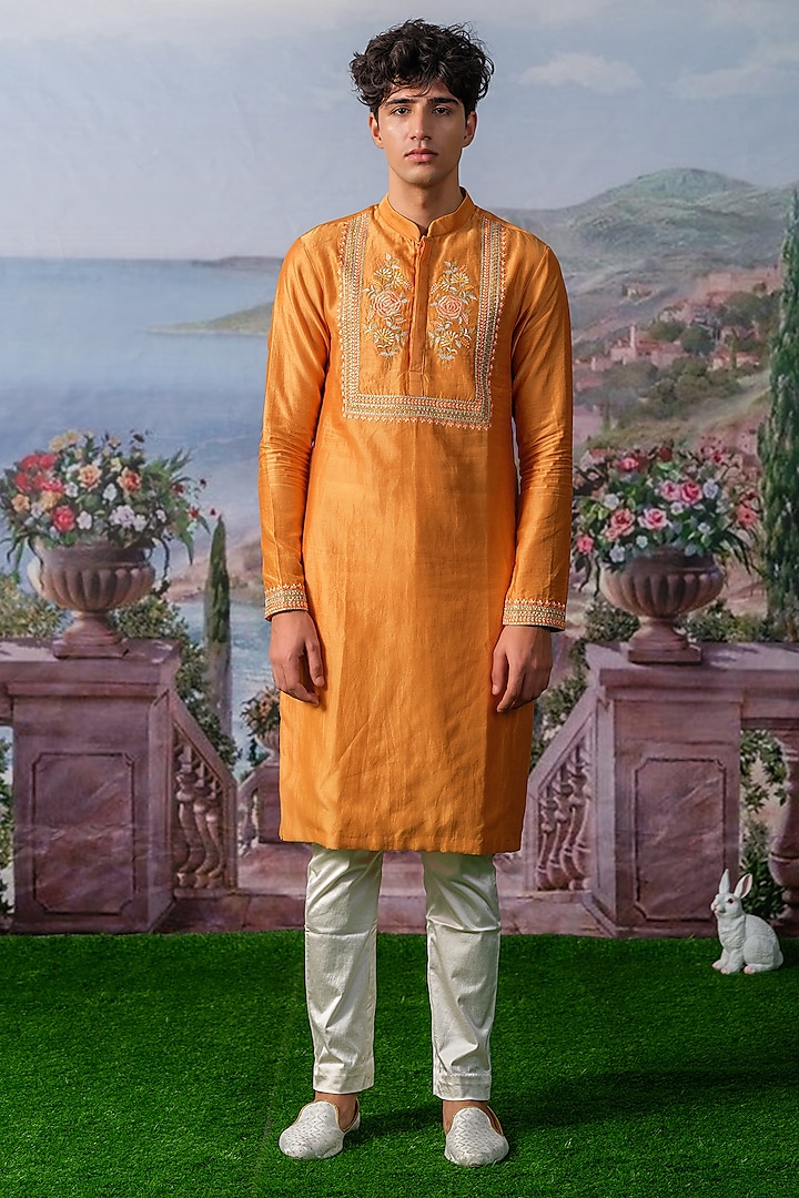 Orange Chanderi Silk Floral Embroidered Kurta Set by HOUSE OF KOA at Pernia's Pop Up Shop