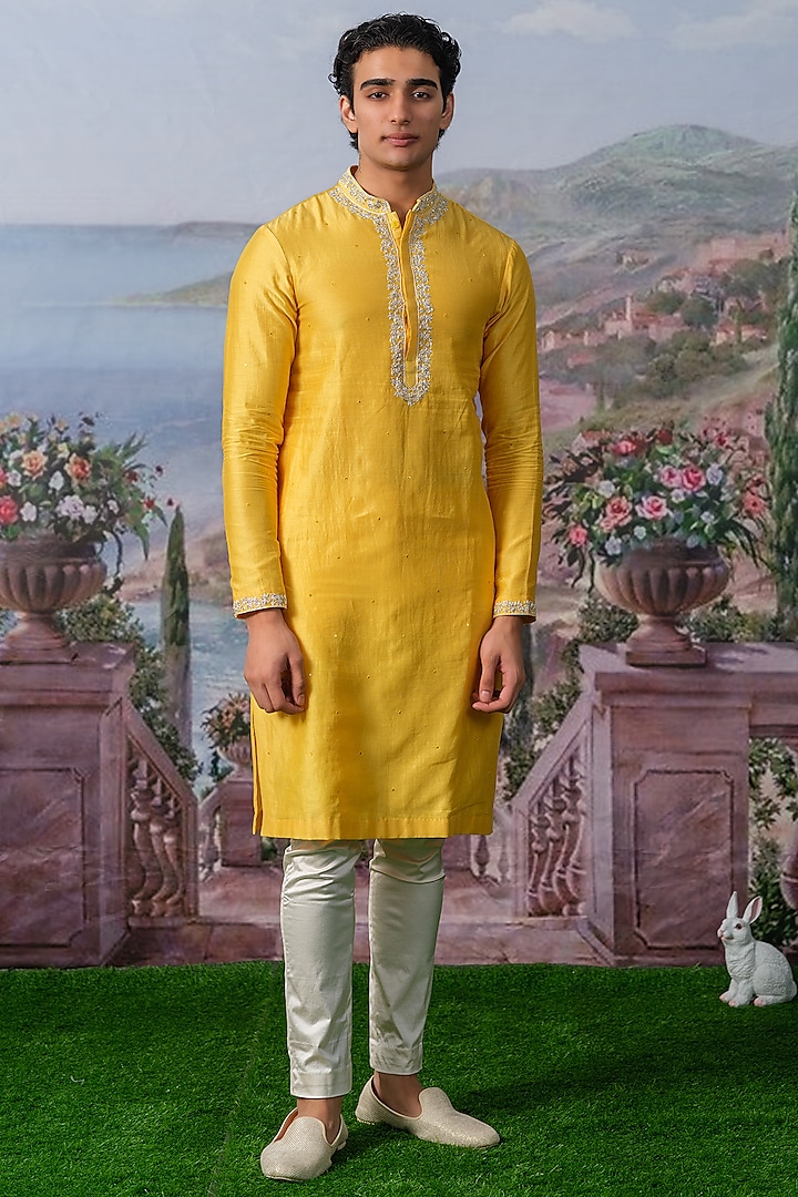 Yellow Chanderi Silk Embroidered Kurta Set by HOUSE OF KOA