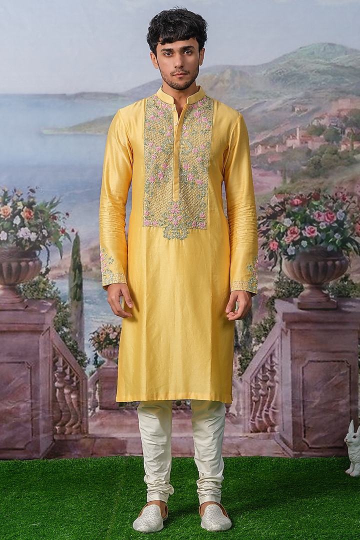 Yellow Chanderi Silk Embroidered Kurta Set by HOUSE OF KOA at Pernia's Pop Up Shop