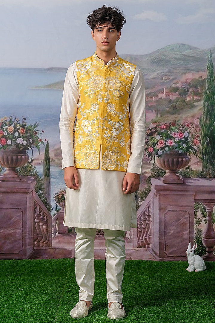 Yellow Pure Silk Floral Embroidered Nehru Jacket Set by HOUSE OF KOA at Pernia's Pop Up Shop