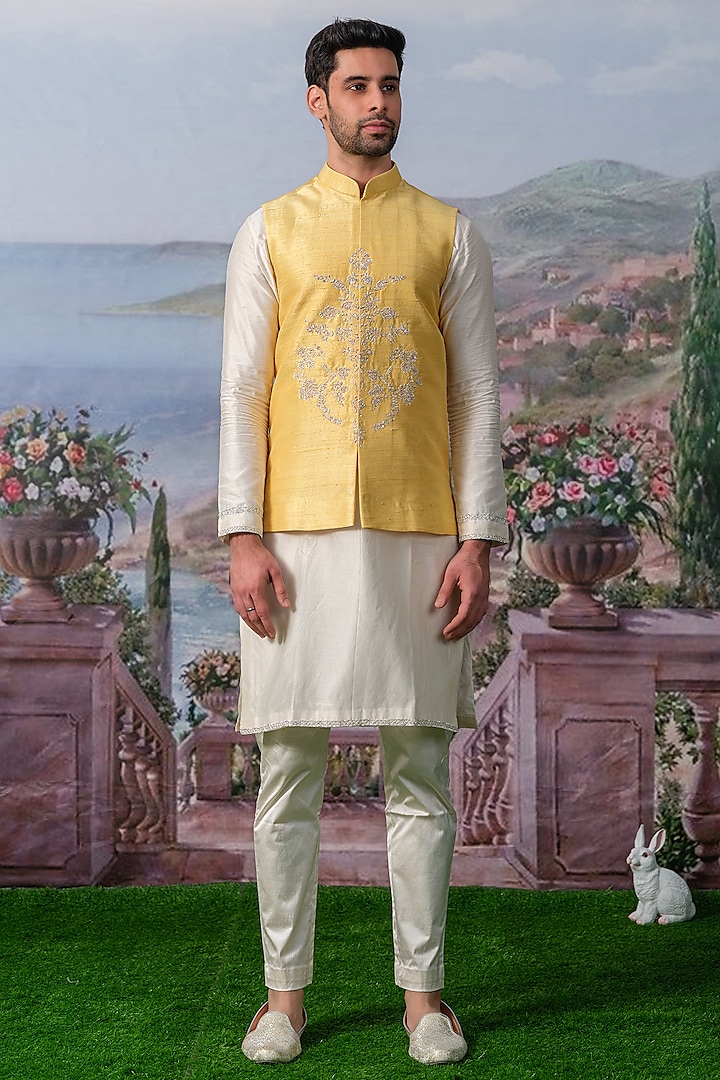 Yellow Pure Silk Hand Embroidered Nehru Jacket Set by HOUSE OF KOA at Pernia's Pop Up Shop