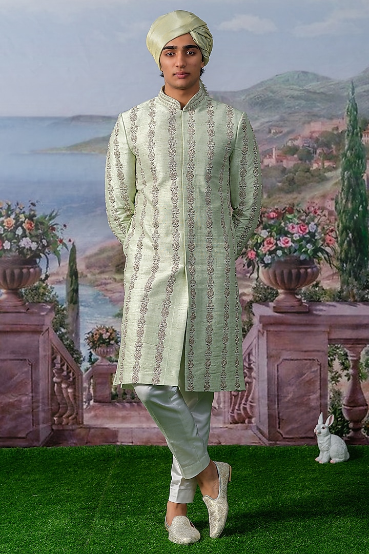 Green Raw Silk Wedding Sherwani Set by HOUSE OF KOA at Pernia's Pop Up Shop