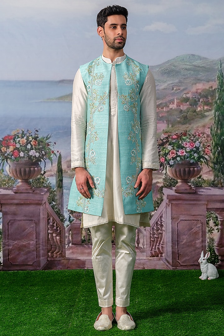 Blue Pure Silk Nehru Jacket Set by HOUSE OF KOA at Pernia's Pop Up Shop