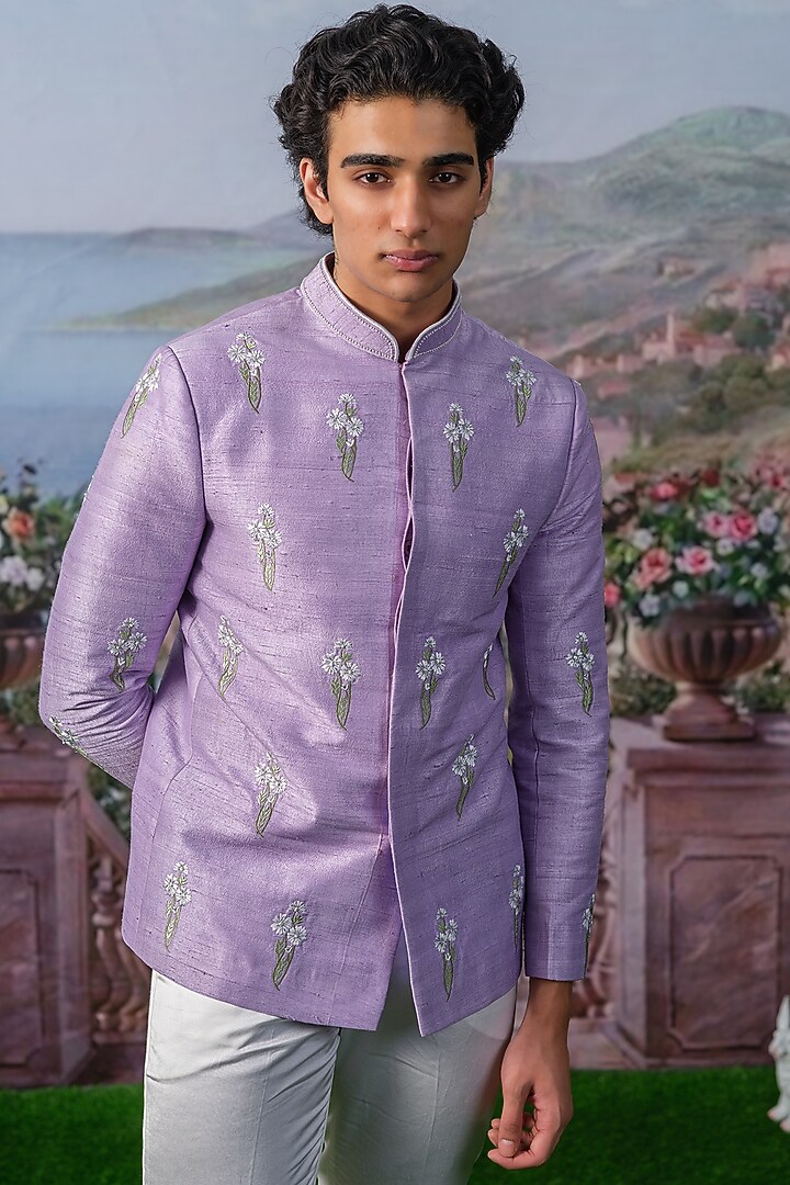 Purple Raw Silk Wedding Bandhgala Set by HOUSE OF KOA at Pernia's Pop Up Shop