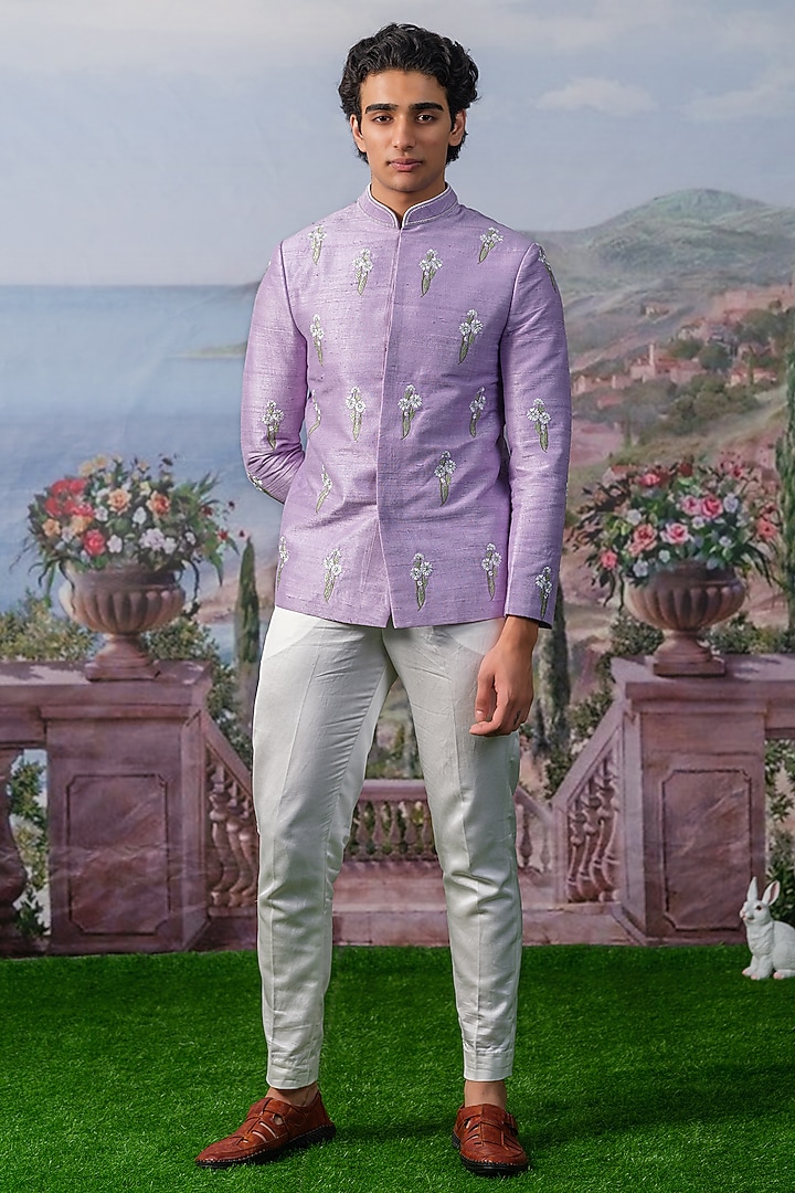 Purple Raw Silk Wedding Bandhgala Set by HOUSE OF KOA at Pernia's Pop Up Shop