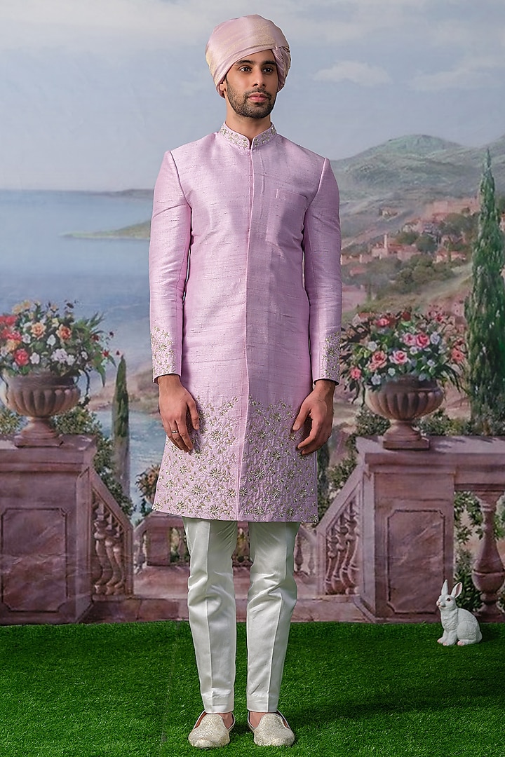 Purple Raw Silk Sherwani Set by HOUSE OF KOA