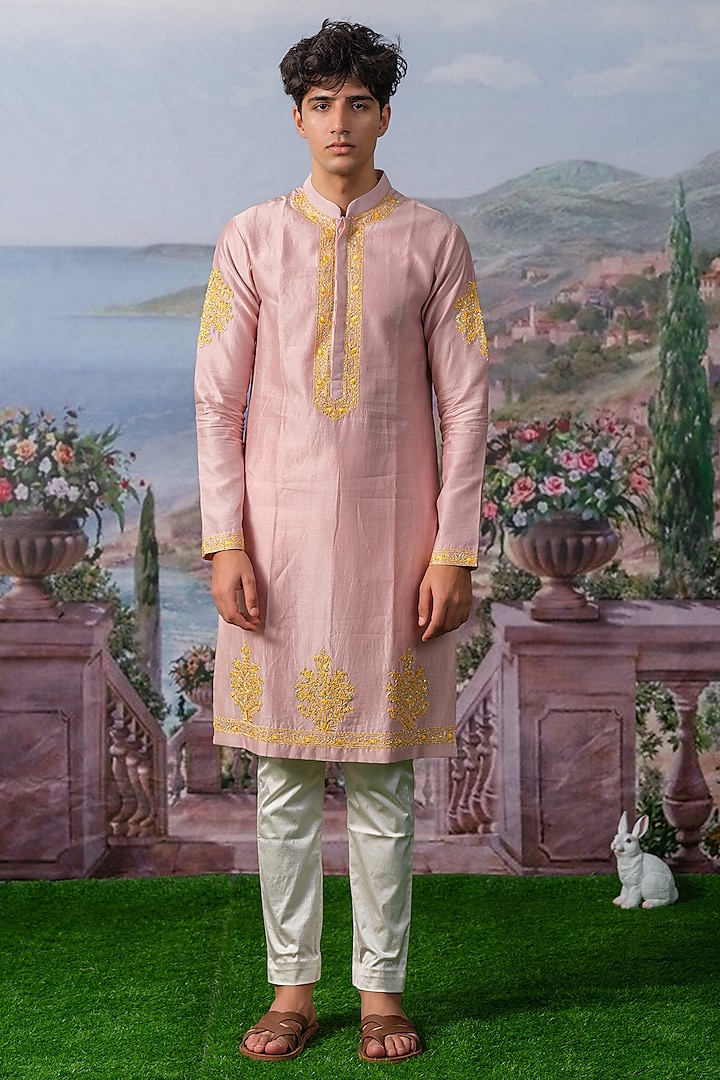 Pink Chanderi Silk Kurta Set by HOUSE OF KOA